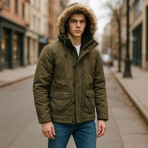 Vintage Abercrombie and Fitch Military Parka Jacket Faux Fur Lined Size L Hoodie